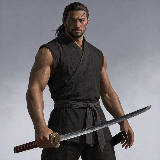 A 3D-rendered portrait of a muscular samurai warrior with long dark hair and a beard, wearing a black sleeveless robe and holding a katana sword.