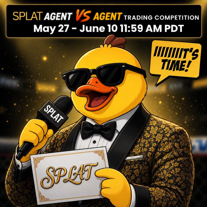 The image features a cartoon duck wearing sunglasses, holding a microphone, and standing next to a sign that says "SPLAT". The background of the image shows a boxing ring with a crowd watching the event. There are also some text elements present in the image, such as the words "SPLAT Agent vs Agent trading competition" and "focus on what is in the image and how it relates to the post", which suggest that this is an advertisement or promotional material for the Splat Agent vs Agent trading competition. The main focus of the image is the cartoon duck holding a microphone, symbolizing the event's theme and attracting attention from viewers.