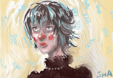 An expressive painted portrait of a young woman with messy blue-streaked hair, flushed cheeks, and a brown ruffled collar, signed "SHA" in the corner, accompanies a celebratory post marking "100th intern's curation!!" with the artwork likely serving as a creative, curated piece to commemorate the milestone.