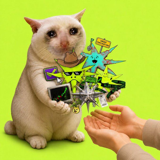 A digitally edited image showing a white cat with teary eyes on a neon green background, holding various crypto/NFT-related accessories and offering them to a human hand.