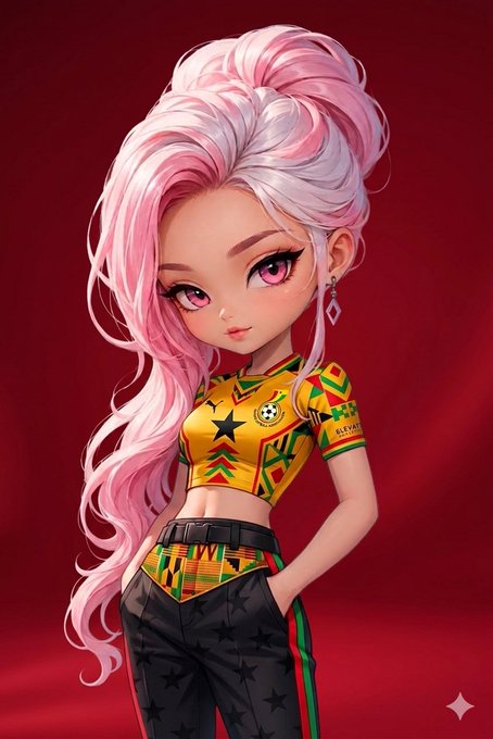 A stylized anime-style digital illustration of a female character with long pink and white hair, pink eyes, wearing a yellow and green cropped jersey and black star-patterned pants against a red background.