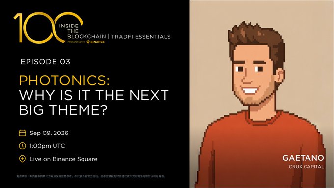 An announcement for Episode 03 of 'Inside the Blockchain: TradFi Essentials' titled 'PHOTONICS: WHY IS IT THE NEXT BIG THEME?' on Sep 09, 2026 at 1:00pm UTC, featuring an illustration of Gaetano from CRUX Capital.