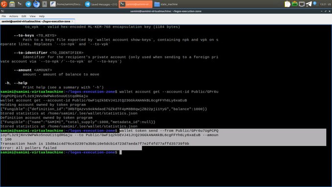 Terminal screenshot showing SaminOS command-line interface on a Linux system, with users executing `samin wallet account get` and `samin wallet token send` commands, resulting in an 'Error: All pollers failed' message.