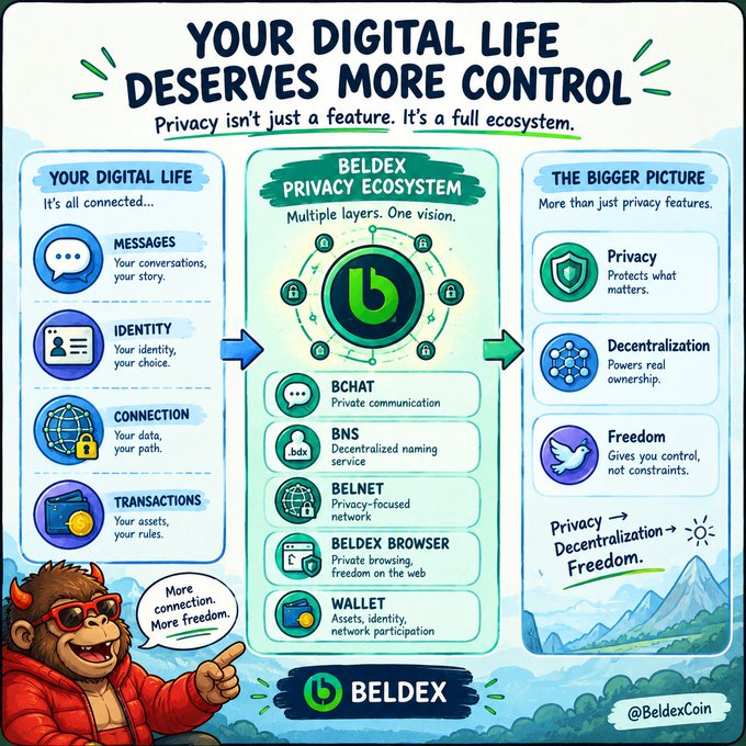 A promotional infographic for BelDex (@BeldexCoin) titled 'YOUR DIGITAL LIFE DESERVES MORE CONTROL,' featuring a cartoon yeti character and diagrams explaining the privacy ecosystem including BChat, BNS, BelNet, Beldex Browser, and Wallet.