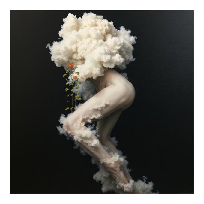 A figure made of clouds with flowers on it, against a black background, with the artist's leg seemingly extending downward, blending into the cloud-like substance.