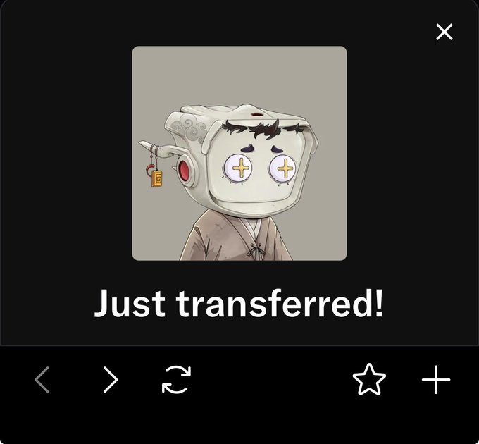 A digital illustration of a character with a teapot/TV-shaped head featuring plus-sign eyes appears above the caption "Just transferred!" — playfully framing a small NFT or crypto transfer as a thoughtful gift, which complements the post's gratitude toward a supporter.