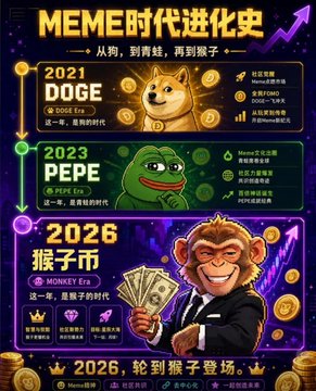 An infographic titled "MEME时代进化史" (Evolution of the MEME Era) traces crypto meme trends from 2021's DOGE ("Doge Era") to 2023's PEPE ("Pepe Era") and predicts 2026's "Monkey Coin" (猴子币) as the next phase, presented by "MONKEY Era." The image visually amplifies the post's claim that crypto hype has shifted from technical whitepapers to viral monkey-themed tokens, with the tagline "2026, 轮到猴子登场" (2026, it's the monkey's turn to take the stage) reinforcing the satirical prediction.