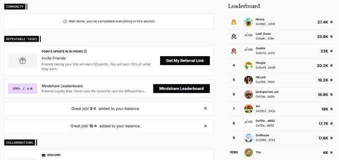 The image shows a community rewards dashboard for Quip Network, displaying a "Repeatable Tasks" section, a leaderboard on the right where the user "You" ranks #1090 with 4K points, and tasks offering points like "Invite Friends" and "Mindshare Leaderboard." This supports the post's claim that the user has nearly reached 4K points, currently sitting at #1090 on the overall leaderboard, with the post suggesting they could break into the Top 1K after the Mindshare leaderboard distribution.