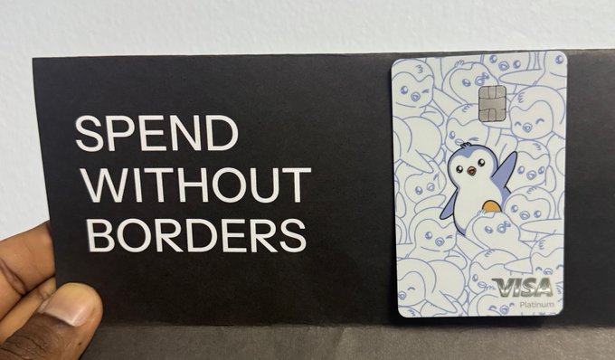 A hand holds a black 'SPEND WITHOUT BORDERS' card sleeve next to a Visa Platinum credit card featuring a blue and white pattern with cute cartoon creatures.