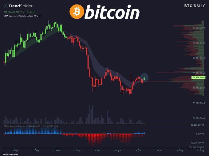 A Bitcoin (BTC/USD) daily candlestick chart from TrendSpider shows a sharp downtrend from around $80,000 in May to lows near $55,000–$60,000 in June, with a recent small green candle forming at $61,816 suggesting the first sign of recovery. The Multi-Length Alignment Oscillator at the bottom appears to be turning positive, supporting the post's claim of "first sign of life since mid May."