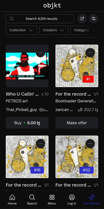 A screenshot of the objkt NFT marketplace showing search results, where the user owns the rare "#1" edition of "For the record" by zancan (priced at 202.7 ₳), alongside other editions #16 and #32, highlighting the special rarity of their collectible goose NFT.