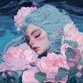 A digital painting of a woman with blue hair resting among soft pink and white flowers, with a serene, dreamlike aesthetic.
