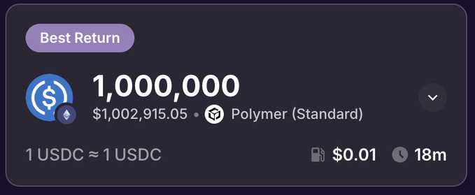 Dark UI panel labeled 'Best Return' showing '1,000,000' tokens valued at '$1,002,915.05' on Polymer (Standard), with 1 USDC ≈ 1 USDC, $0.01 fee, and 18m time.
