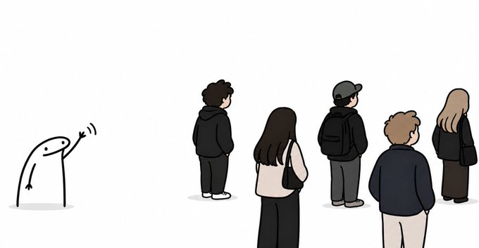 A minimalist cartoon illustration showing a small creature waving goodbye to a group of five people who are walking away with their backs turned.