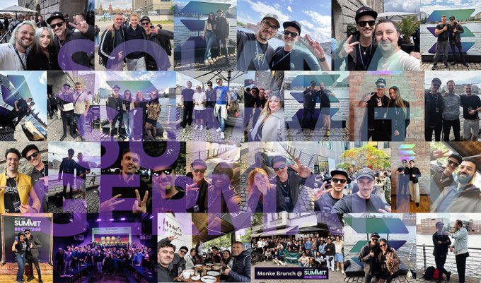 A photo collage capturing moments from the Solana Summer Tour Germany 2024 and Solana Summit Germany, featuring attendees posing together with large "SOLANA" letter sculptures and group shots from events including a "Monke Brunch" and "SUMMIT" gatherings. The images reflect the celebratory atmosphere and community connections described, showcasing the people and memorable experiences from the German Solana events before the upcoming London gathering.