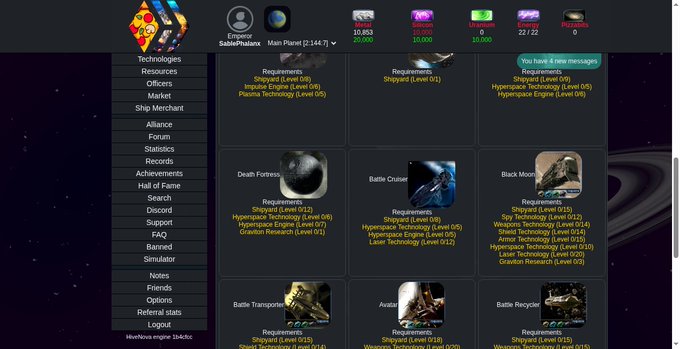 A screenshot of a space strategy game interface titled "Hirefova engine 3240hz" showing a shipyard menu with requirements for building ships like Death Fortress, Battle Cruiser, and Black Moria.