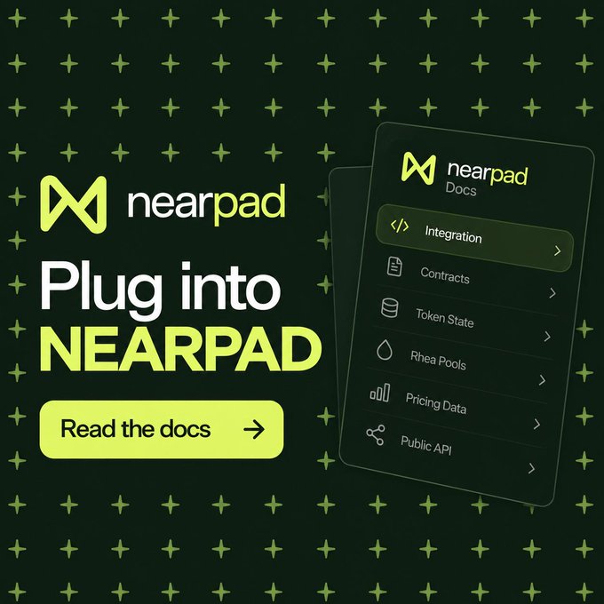 A promotional graphic for 'nearpad' featuring the text 'Plug into NEARPAD' and 'Read the docs', showing a documentation menu with options like Contracts, Token State, Rhea Pools, Pricing Data, and Public API.