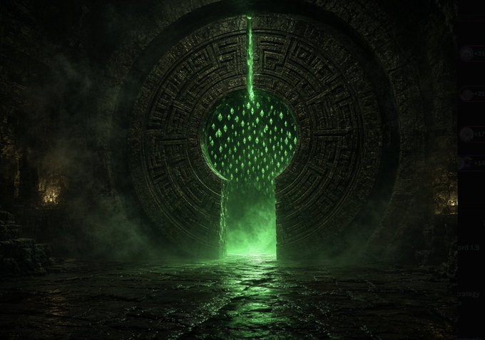 A glowing green keyhole-shaped portal set within an ornate circular stone carving, with green light streaming downward onto a stone floor.