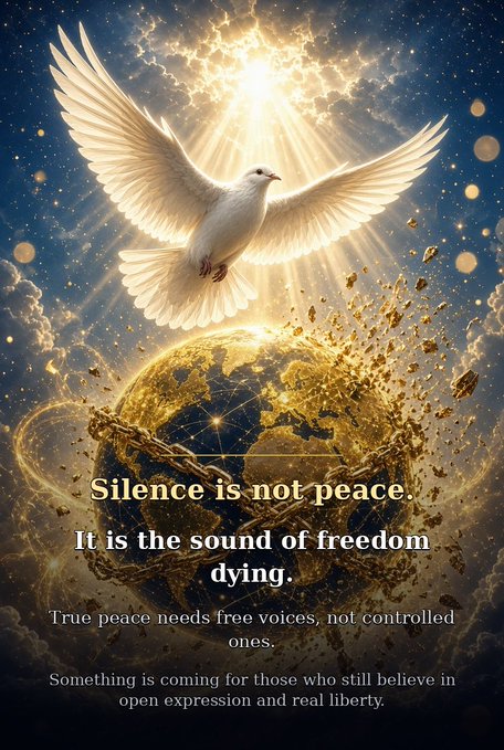 A white dove with outstretched wings flies above a glowing golden globe under radiant sunlight, accompanied by the text: 'Silence is not peace. It is the sound of freedom dying. True peace needs free voices, not controlled ones. Something is coming for those who still believe in open expression and real liberty.'