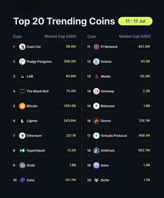An infographic titled 'Top 20 Trending Coins' for 11-17 Jul listing cryptocurrencies ranked by market cap including Cash Cat (#1), Pudgy Penguins (#2), LAB (#3), The Black Bull (#4), Bitcoin (#5), Lighter, Ethereum, Hyperliquid, Ondo, Zano, Pi Network, Solana, Akedo, Uniswap, Bitensor, Derive, Virtuals Protocol, Arbitrum, Aave, and DeXe.