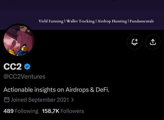 A Twitter profile screenshot shows the verified account 'CC2' (@CC2Ventures) with bio 'Actionable insights on Airdrops & DeFi.' and a banner mentioning 'Yield Farming | Wallet Tracking | Airdrop Hunting | Fundamentals'.