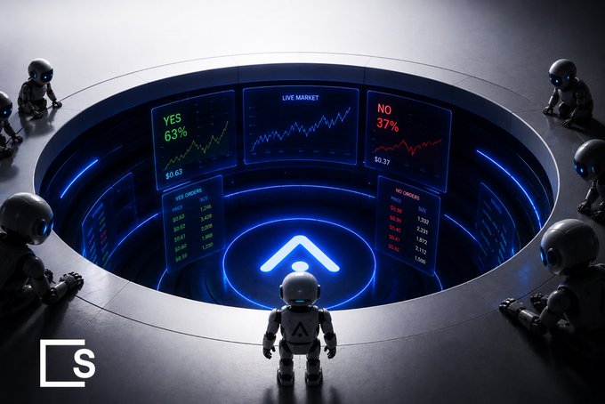 Robotic AI agents gather around a glowing circular display showing live market data, including "YES 63%," "NO 37%," and various price tickers like "$0.63," as a central robot faces the screens, visualizing the experiment of autonomous AI agents trading in a simulated market environment.