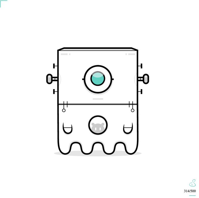A minimalist cartoon drawing of a white, square-shaped robot or monster with a single teal eye, a small mouse emblem on its belly, and mechanical arms on its sides.