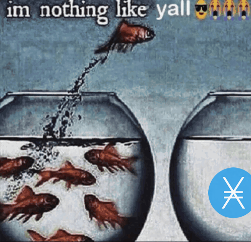 A meme image showing fish jumping from one fishbowl to another with the text 'im nothing like yall' and a watermark logo in the corner.