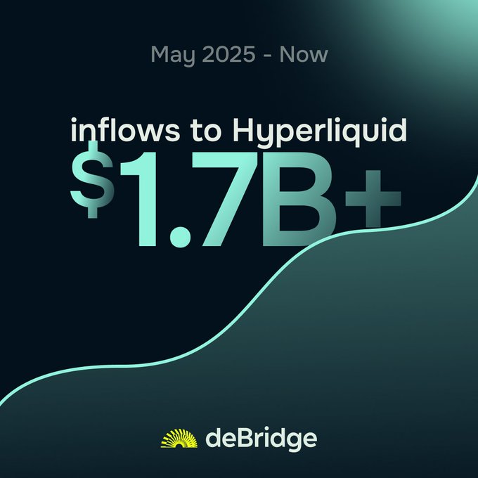 This is a poster promoting an investment opportunity called the "HYPERLIQUID" market, which shows some graphs that indicate the rise of the price of this market over time. The poster also has a subtitle that reads, "Inflow flows to Hyperliquid $1.17B+", and at the top of the poster is the phrase "May 20". The bottom of the poster says "DeBRIDGE HYPERLIQUID", which is likely the company promoting this investment opportunity.