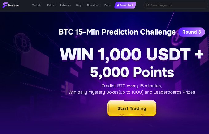 The image displays a website about a Bitcoin prediction challenge, where people are offering a $1,000 USDT prize for accurate predictions of Bitcoin's price movement over five months. The website also features information about joining the challenge and accessing daily mystery boxes with clues on their content.
