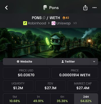 A screenshot of the Pons (PONS) token page on a DEX tracker shows a $0.03670 price, $1.2M liquidity, $27.4M market cap, and FDV, with a Robinhood/Uniswap v3 listing badge. The image relates to the post by highlighting PONS as another token on the Robinhood chain, alongside $HMM and $YOLO, supporting the call for increased trading focus on RH chain assets.