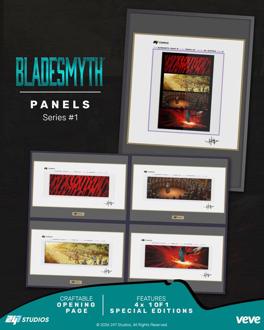 A promotional graphic for 'BLADESMYTH PANELS Series #1' showcasing framed collectible artwork, with text noting 'Craftable Opening Page' and 'Features 4x 10F1 Special Editions' by 24/7 Studios.