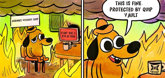 The image features a cartoon dog sitting at a desk with a computer monitor, keyboard, and mouse. The scene takes place during a fire, which has engulfed the room where the dog is located. In one panel of the comic strip, there's a caption that reads "This is fine. Protected by Q-Day Vault". This suggests that the dog might be using a vault to protect its digital assets from potential threats or risks associated with the fire. The other panel shows the dog sitting at a desk without any protection, indicating that it has not taken advantage of the vault's security features during this chaotic situation.