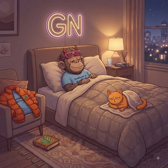A digital illustration of a monkey wearing pink sunglasses and a 'Gratitude is' shirt sleeping in a bed next to an orange cat, under a pink 'GN' neon sign.