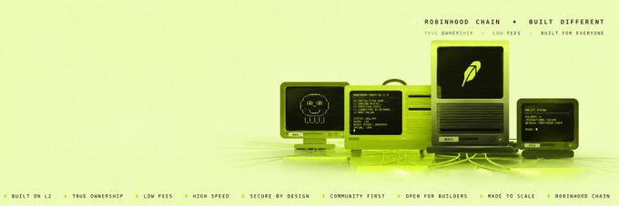 A promotional banner for ROBINHOOD CHAIN with tagline 'BUILT DIFFERENT' featuring retro computers and a flower power logo in green tones.