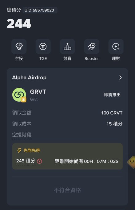 A Chinese mobile app interface for an airdrop showing a user with '244' total points, featuring an 'Alpha Airdrop' for 'GRVT' with a reward of '100 GRVT' costing '15 积分' (15 points), with a countdown timer and '不符合資格' (not eligible) notice.