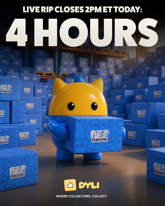 A promotional graphic for 'PIDGY PENGUINS' reading 'LIVE RIP CLOSES 2PM ET TODAY: 4 HOURS', featuring a yellow penguin mascot holding a blue box in a warehouse.