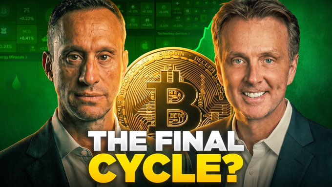 The thumbnail features two men flanking a large Bitcoin coin against a green chart background, with the bold yellow text "THE FINAL CYCLE?" prominently displayed. It relates to the post by promoting a discussion with Bill Barhydt about Bitcoin's potential major market cycle while AI dominates current attention.