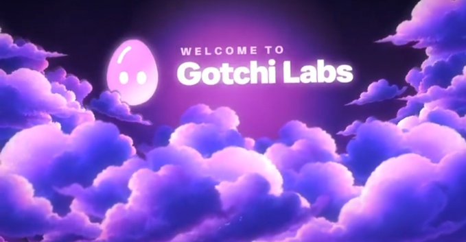 A welcome banner reading 'WELCOME TO Gotchi Labs' featuring a cute ghost-like character against a backdrop of pink and purple clouds.