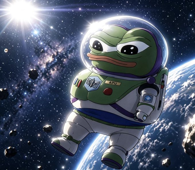 An AI-generated image depicts Pepe the Frog dressed as an astronaut with the name tag "APU", floating in space near Earth with asteroids and stars in the background.