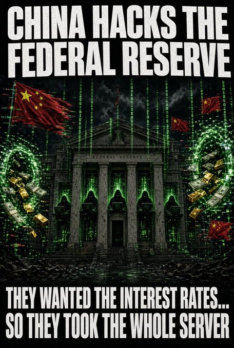 A dramatic graphic reading 'CHINA HACKS THE FEDERAL RESERVE' at the top and 'THEY WANTED THE INTEREST RATES... SO THEY TOOK THE WHOLE SERVER' at the bottom, showing the Federal Reserve building overlaid with green Matrix-style code, Chinese flags, and falling gold bars and dollar bills.
