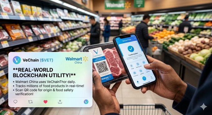 A promotional image showing VeChain (VET) integration with Walmart China, depicting a person scanning a meat product's QR code with VeChainThor app for real-world blockchain utility tracking food products.