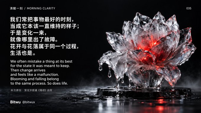 A graphic titled "清醒一刻 / MORNING CLARITY" features a translucent crystal lotus with red accents, accompanied by a bilingual poem comparing the changing states of flowers to the process of life, credited to "Bitwu @bitwux".