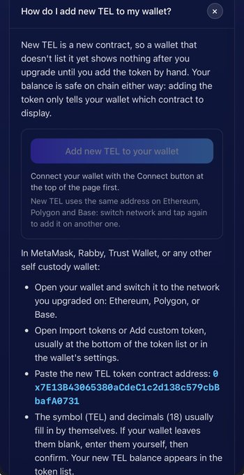 An informational card titled "How do I add new TEL to my wallet?" provides instructions for manually adding the upgraded TEL token to self-custody wallets like MetaMask, Rabby, or Trust Wallet, including the contract address 0x7E13B43065380aCdeC1c2d138c579cbBbaFA0731 and 18 decimals across Ethereum, Polygon, and Base networks.