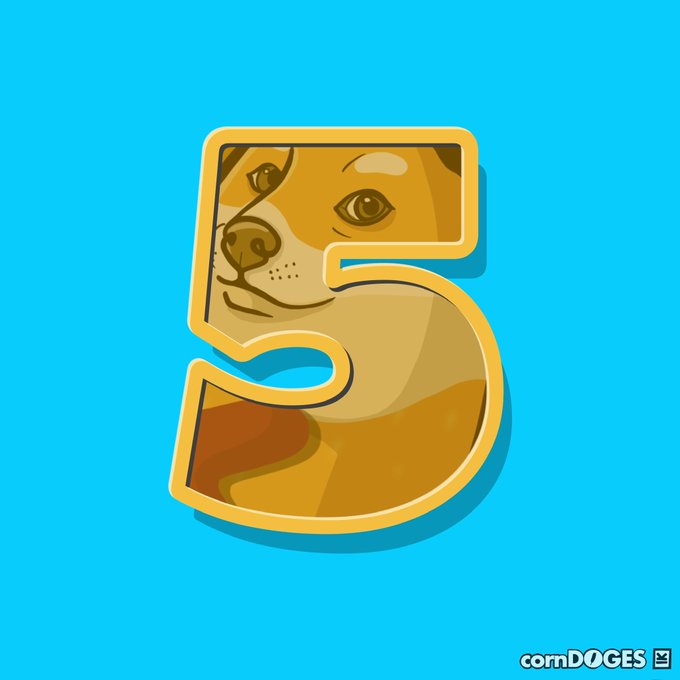 A digital illustration features a large golden number '5' with a cartoon dog's face on a bright blue background, signed 'cornDOGES'.