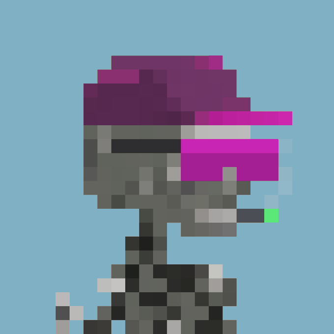 A pixel art character in profile view with purple/maroon coloring and a pink visor area against a bright blue background.
