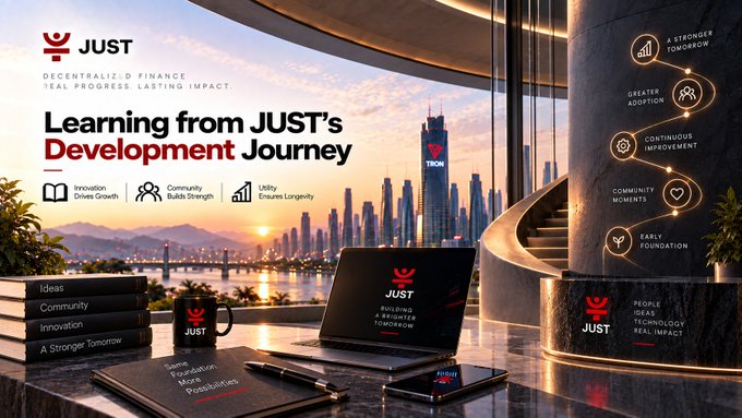 A promotional banner for JUST cryptocurrency titled 'Learning from JUST's Development Journey' displays brand merchandise against a backdrop of a futuristic city skyline.