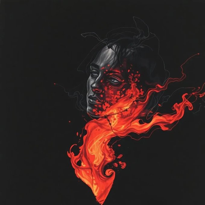 A digital illustration of a woman's face rendered in grayscale with red, flame-like liquid or fire emanating from her mouth against a black background.