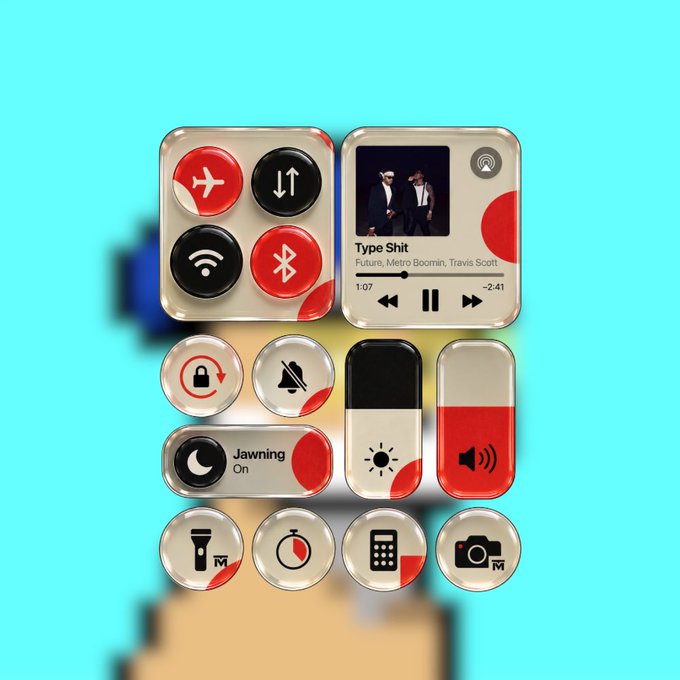 A 3D-rendered iOS control center interface in red and white, displaying widgets including a music player titled 'Type Shit' by 'Future, Metro Boomin, Travis Scott' and various toggles for connectivity and settings.