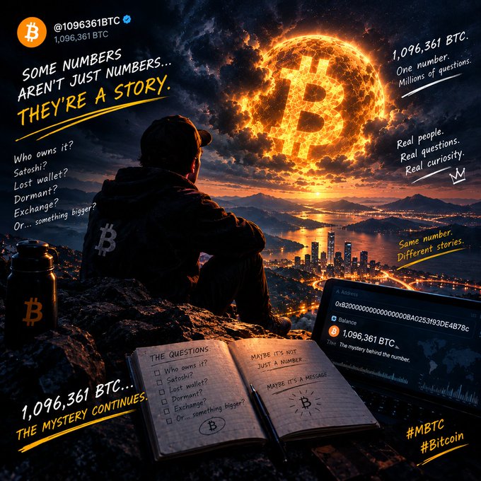 Mystery-themed Bitcoin graphic featuring a hooded figure overlooking a cityscape with a giant fiery Bitcoin symbol, an open notebook titled 'THE QUESTIONS,' and the number 1,096,361 BTC attributed to address @1096361BTC.